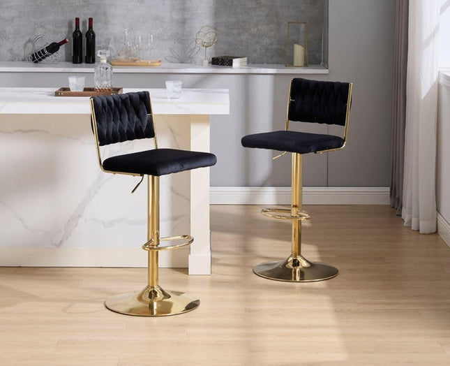SERENITà  2x Velvet Bar Stools with Braided Back Elegant Kitchen High Chairs, Kitchen Island Stools Adjustable Height Swivel Bar Chairs with Gold Legs for Home-Black.