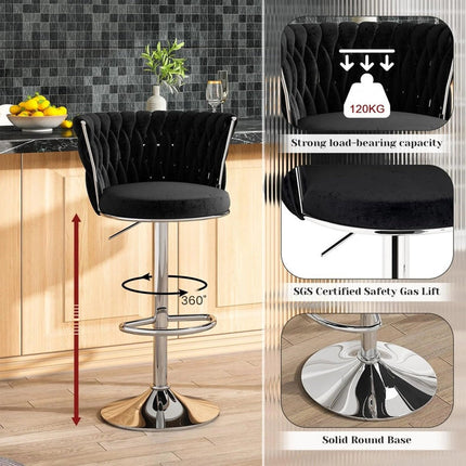 SERENITà Modern Silver Swivel Upholstered Velvet Adjustable Height Counter Stool with Metal Frame Black (Set of 2).