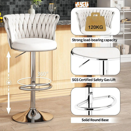 SERENITà Modern Silver Swivel Upholstered Velvet Adjustable Height Counter Stool with Metal Frame White (Set of 2).