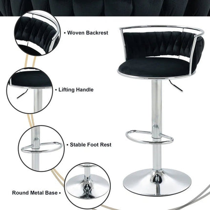 SERENITà Silver Swivel Upholstered Velvet Adjustable Height Counter Stool with Metal Frame Black (Set of 2).