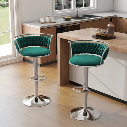 SERENITà Silver Swivel Upholstered Velvet Adjustable Height Counter Stool with Metal Frame Emerald Green (Set of 2).