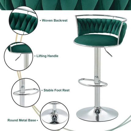 SERENITà Silver Swivel Upholstered Velvet Adjustable Height Counter Stool with Metal Frame Emerald Green (Set of 2).