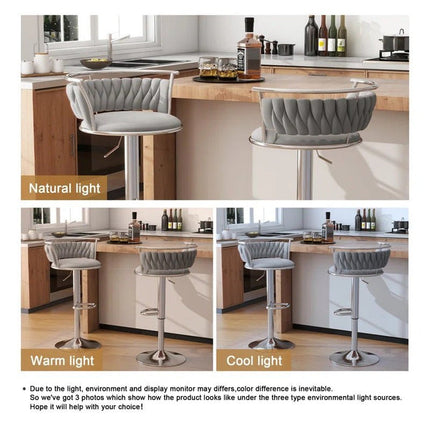 SERENITà Silver Swivel Upholstered Velvet Adjustable Height Counter Stool with Metal Frame Grey (Set of 2).