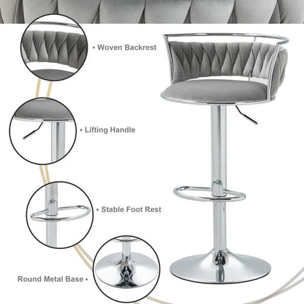SERENITà Silver Swivel Upholstered Velvet Adjustable Height Counter Stool with Metal Frame Grey (Set of 2).