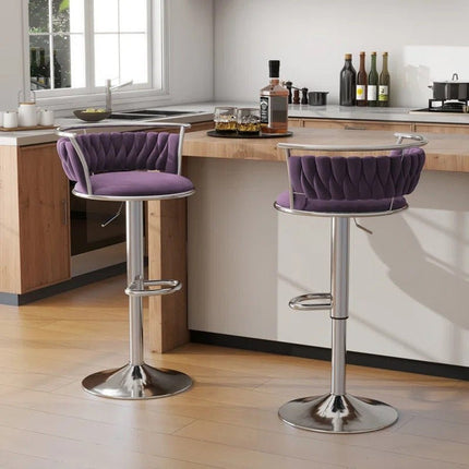 SERENITà Silver Swivel Upholstered Velvet Adjustable Height Counter Stool with Metal Frame Voilet (Set of 2).