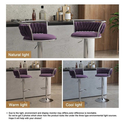 SERENITà Silver Swivel Upholstered Velvet Adjustable Height Counter Stool with Metal Frame Voilet (Set of 2).