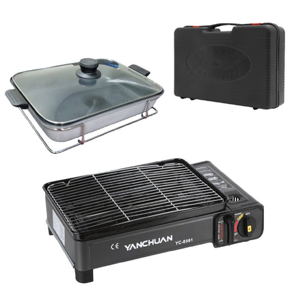 Portable Gas Stove Burner Butane BBQ Camping Gas Cooker With Non Stick Plate Black with Fish Pan and Lid.