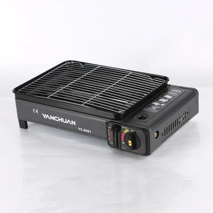 Portable Gas Stove Burner Butane BBQ Camping Gas Cooker With Non Stick Plate Black with Fish Pan and Lid.