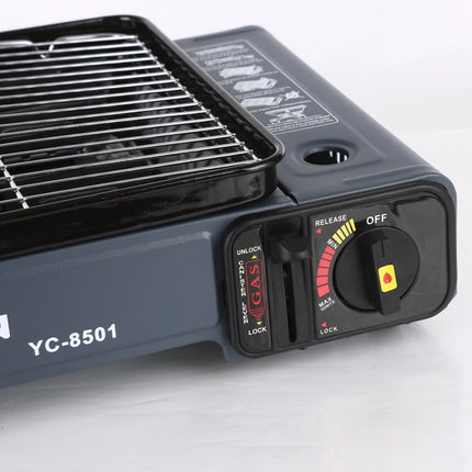 Portable Gas Stove Burner Butane BBQ Camping Gas Cooker With Non Stick Plate Black with Fish Pan and Lid.