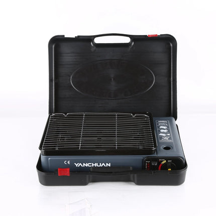 Portable Gas Stove Burner Butane BBQ Camping Gas Cooker With Non Stick Plate Black with Fish Pan and Lid.