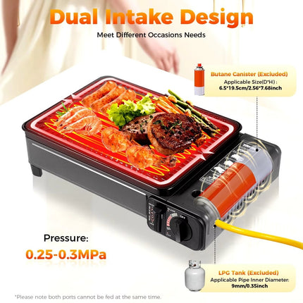 Portable Gas Stove Burner Butane BBQ Camping Gas Cooker With Non Stick Plate Black with Fish Pan and Lid.