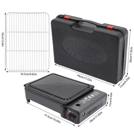 Portable Gas Stove Burner Butane BBQ Camping Gas Cooker With Non Stick Plate Black with Fish Pan and Lid.