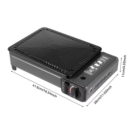 Portable Gas Stove Burner Butane BBQ Camping Gas Cooker With Non Stick Plate Black with Fish Pan and Lid.