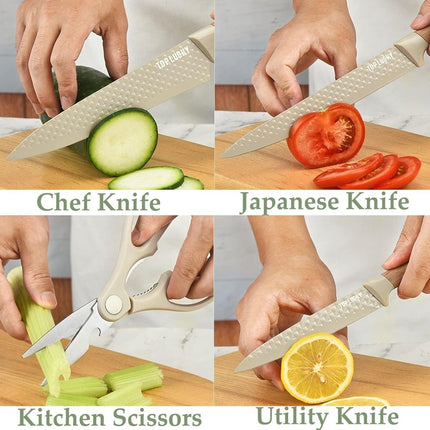 6-Piece Kitchen Knife Set Non-Stick Stainless Steel Blades with Universal Knife Block.