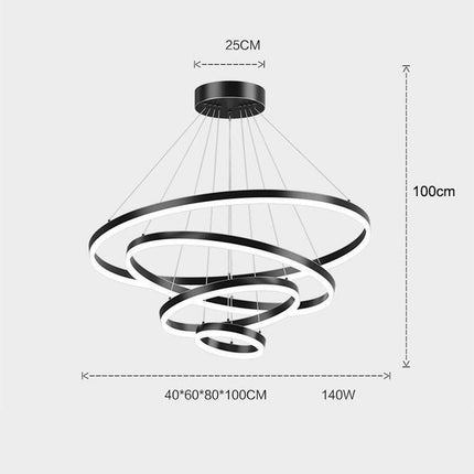 Black 3 Rings Minimalist LED Pendant Light Adjustable Circular Chandelier.