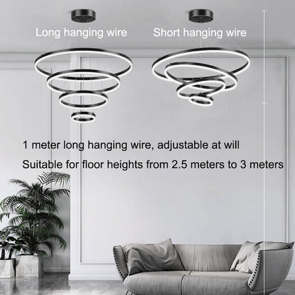 Black 3 Rings Minimalist LED Pendant Light Adjustable Circular Chandelier.
