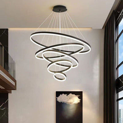 Black 3 Rings Minimalist LED Pendant Light Adjustable Circular Chandelier.