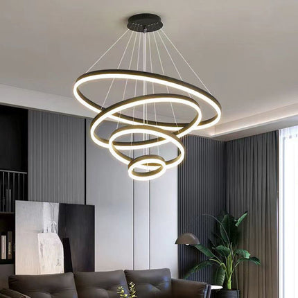 Black 3 Rings Minimalist LED Pendant Light Adjustable Circular Chandelier.