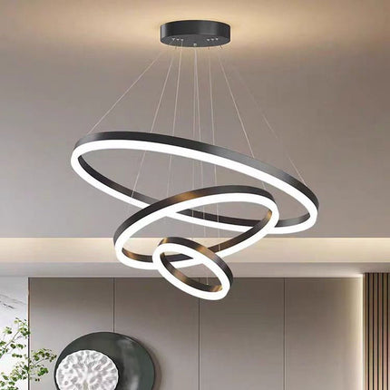 Black 3 Rings Minimalist LED Pendant Light Adjustable Circular Chandelier.