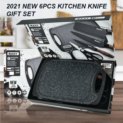 6 pieces Kitchen Knife Set Everich Chef Knives Stainless Steel Nonstick Scissor Cutting Board.