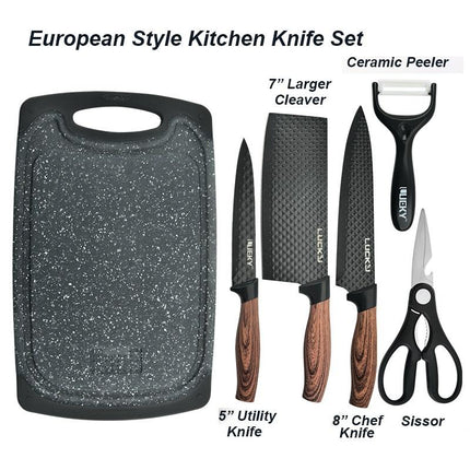 6 pieces Kitchen Knife Set Everich Chef Knives Stainless Steel Nonstick Scissor Cutting Board.