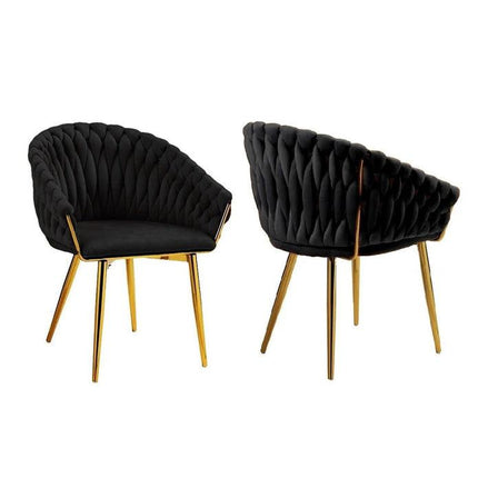 SERENITà Black Modern Velvet Dining Chairs, Upholstered Living Room Chair with Woven Back and Golden Metal Legs, Mid-Century Accent Set of 2(BLACK).