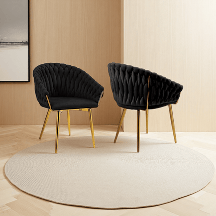 SERENITà Black Modern Velvet Dining Chairs, Upholstered Living Room Chair with Woven Back and Golden Metal Legs, Mid-Century Accent Set of 2(BLACK).