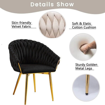 SERENITà Black Modern Velvet Dining Chairs, Upholstered Living Room Chair with Woven Back and Golden Metal Legs, Mid-Century Accent Set of 2(BLACK).