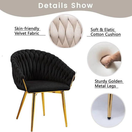 SERENITà Black Modern Velvet Dining Chairs, Upholstered Living Room Chair with Woven Back and Golden Metal Legs, Mid-Century Accent Set of 2(BLACK).
