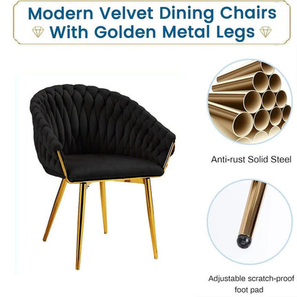 SERENITà Black Modern Velvet Dining Chairs, Upholstered Living Room Chair with Woven Back and Golden Metal Legs, Mid-Century Accent Set of 2(BLACK).