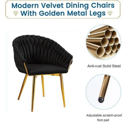 SERENITà Black Modern Velvet Dining Chairs, Upholstered Living Room Chair with Woven Back and Golden Metal Legs, Mid-Century Accent Set of 2(BLACK).