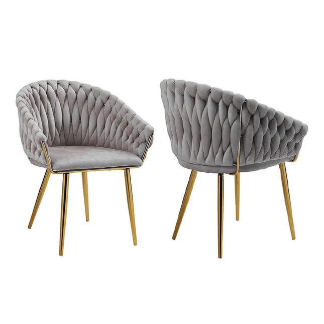 SERENITà Grey Modern Velvet Dining Chairs, Upholstered Living Room Chair with Woven Back and Golden Metal Legs, Mid-Century Accent Set of 2(Grey).