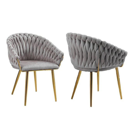 SERENITà Grey Modern Velvet Dining Chairs, Upholstered Living Room Chair with Woven Back and Golden Metal Legs, Mid-Century Accent Set of 2(Grey).