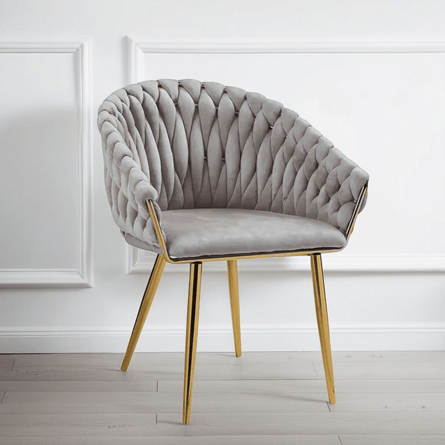 SERENITà Grey Modern Velvet Dining Chairs, Upholstered Living Room Chair with Woven Back and Golden Metal Legs, Mid-Century Accent Set of 2(Grey).