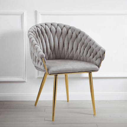 SERENITà Grey Modern Velvet Dining Chairs, Upholstered Living Room Chair with Woven Back and Golden Metal Legs, Mid-Century Accent Set of 2(Grey).