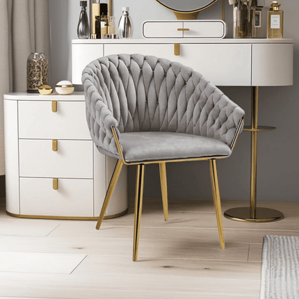 SERENITà Grey Modern Velvet Dining Chairs, Upholstered Living Room Chair with Woven Back and Golden Metal Legs, Mid-Century Accent Set of 2(Grey).