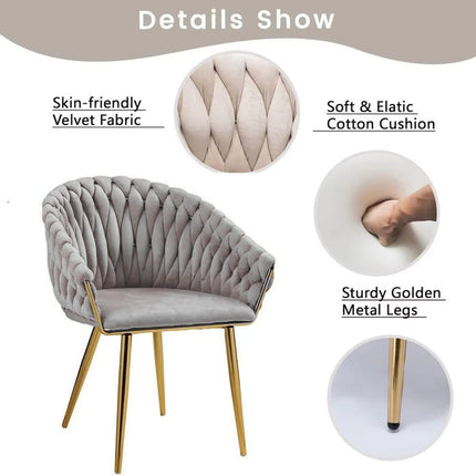 SERENITà Grey Modern Velvet Dining Chairs, Upholstered Living Room Chair with Woven Back and Golden Metal Legs, Mid-Century Accent Set of 2(Grey).