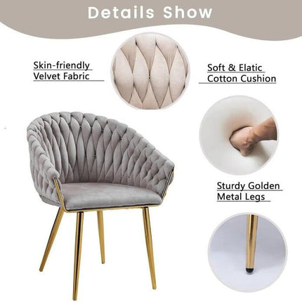SERENITà Grey Modern Velvet Dining Chairs, Upholstered Living Room Chair with Woven Back and Golden Metal Legs, Mid-Century Accent Set of 2(Grey).