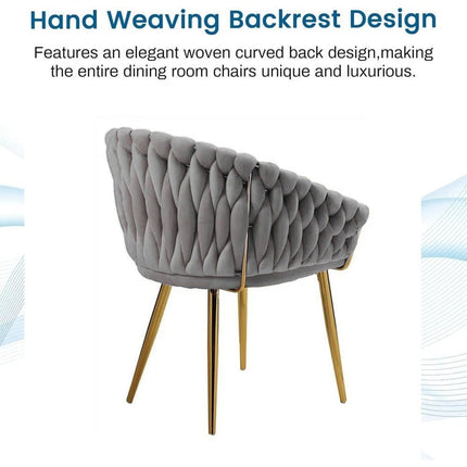 SERENITà Grey Modern Velvet Dining Chairs, Upholstered Living Room Chair with Woven Back and Golden Metal Legs, Mid-Century Accent Set of 2(Grey).