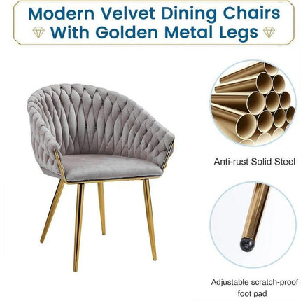 SERENITà Grey Modern Velvet Dining Chairs, Upholstered Living Room Chair with Woven Back and Golden Metal Legs, Mid-Century Accent Set of 2(Grey).