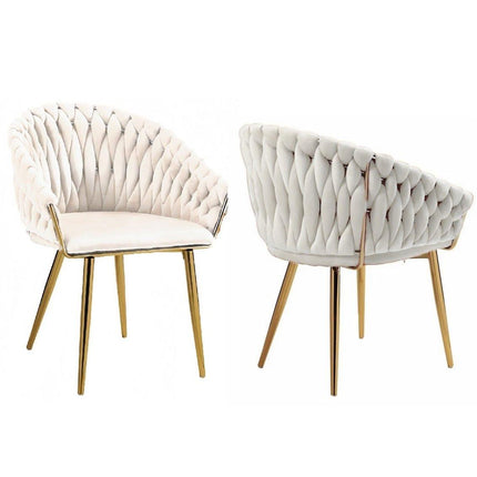 SERENITà Ivory Modern Velvet Dining Chairs, Upholstered Living Room Chair with Woven Back and Golden Metal Legs, Mid-Century Accent Set of 2(Ivory).