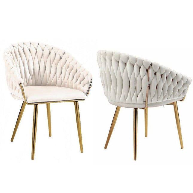 SERENITà Ivory Modern Velvet Dining Chairs, Upholstered Living Room Chair with Woven Back and Golden Metal Legs, Mid-Century Accent Set of 2(Ivory).