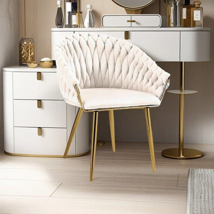 SERENITà Ivory Modern Velvet Dining Chairs, Upholstered Living Room Chair with Woven Back and Golden Metal Legs, Mid-Century Accent Set of 2(Ivory).
