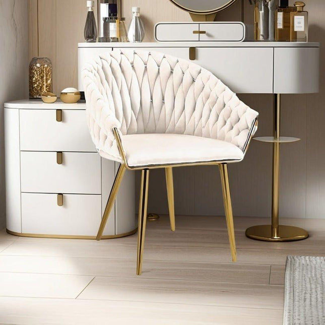 SERENITà Ivory Modern Velvet Dining Chairs, Upholstered Living Room Chair with Woven Back and Golden Metal Legs, Mid-Century Accent Set of 2(Ivory).
