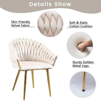 SERENITà Ivory Modern Velvet Dining Chairs, Upholstered Living Room Chair with Woven Back and Golden Metal Legs, Mid-Century Accent Set of 2(Ivory).