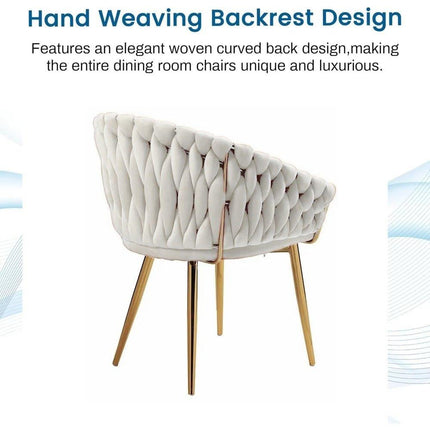 SERENITà Ivory Modern Velvet Dining Chairs, Upholstered Living Room Chair with Woven Back and Golden Metal Legs, Mid-Century Accent Set of 2(Ivory).