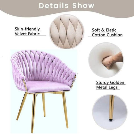 SERENITà Pink Modern Velvet Dining Chairs, Upholstered Living Room Chair with Woven Back and Golden Metal Legs, Mid-Century Accent Set of 2(Pink).