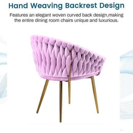 SERENITà Pink Modern Velvet Dining Chairs, Upholstered Living Room Chair with Woven Back and Golden Metal Legs, Mid-Century Accent Set of 2(Pink).