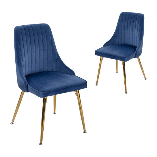 Viva Forever Set of 2 Blue Velvet Dining Chairs – Art Deco Design with Gold Metal Legs.