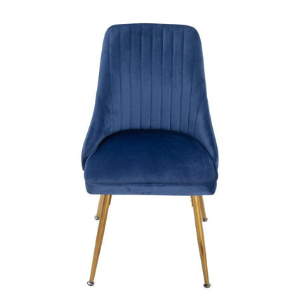 Viva Forever Set of 2 Blue Velvet Dining Chairs – Art Deco Design with Gold Metal Legs.